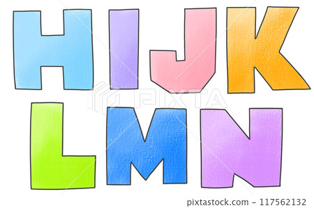 A simple, loosely-written alphabet in uppercase "HIJKLMN" in a blocky, analog-style version 117562132