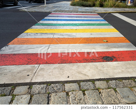 Rainbow-colored pedestrian crossings in Linz, Austria Rainbow-colored pedestrian crossings in Linz, Austria 117562331