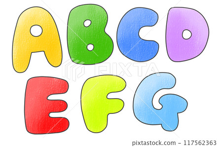 A simple, relaxed uppercase alphabet "ABCDEFG" in a rounded, analog-style version 117562363