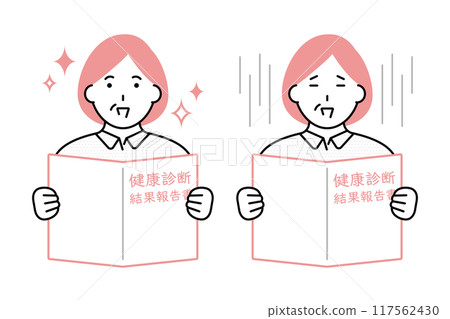 Variation illustration of a senior woman looking at a medical examination result report 117562430