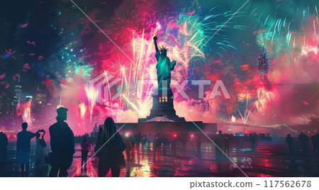 USA national day celebration with colorful fireworks lighting up the night sky above The Statue Of Liberty with people celebrating around it 117562678