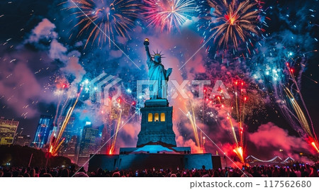 USA national day celebration with colorful fireworks lighting up the night sky above The Statue Of Liberty with people celebrating around it 117562680