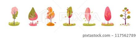 Set of decorative pink, yellow, green and pink trees. Autumn leaf fall folk. Isolated vector white background Set of decorative pink, yellow, green and pink trees. Autumn leaf fall folk. Isolated vector white background 117562789