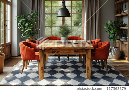 Checkered rug is on the floor of a room with a wooden dining table and red chairs 117562879