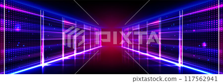 Abstract data center room with bright neon glow 117562941