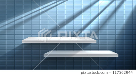 White shelf on blue tile wall with shadow. 117562944