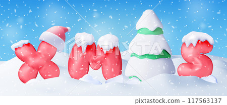 3D Christmas tree in snow, red balloon xmas word 3D Christmas tree in snow, red balloon xmas word 117563137