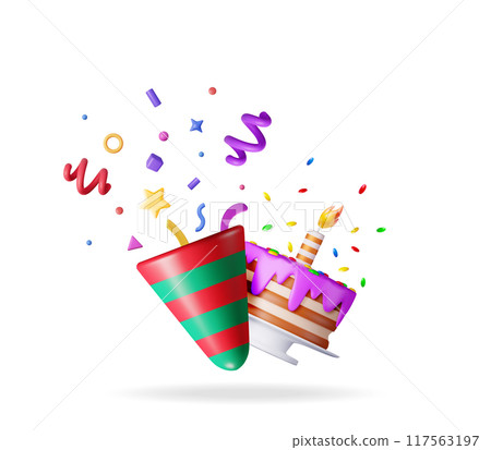 3D cake with candle and popper with confetti. 117563197