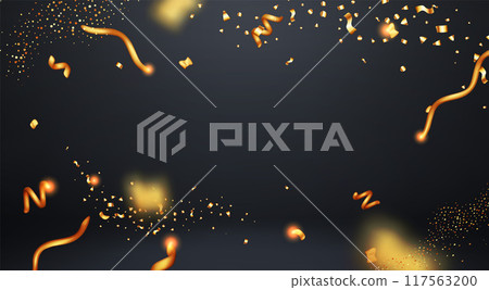 3D party gold confetti on black background. 3D party gold confetti on black background. 117563200