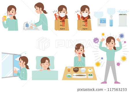 Set of women taking measures to prevent infection 117563233
