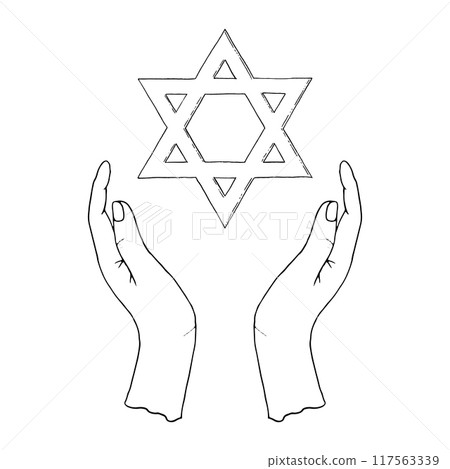 Line Star of David holding in hands simple black and white vector illustration. Six pointed hexagram geometric figure for Judaism religious symbols designs Line Star of David holding in hands simple black and white vector illustration. Six pointed hexagram geometric figure for Judaism religious symbols designs 117563339