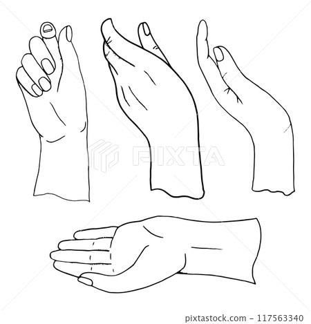 Line hands gestures simple vector illustration set. Minimalist black and white human hand care, palm holding ink sketches for charity designs and skin care cosmetics Line hands gestures simple vector illustration set. Minimalist black and white human hand care, palm holding ink sketches for charity designs and skin care cosmetics 117563340