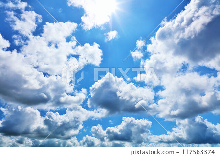 Summer blue sky, clouds and sun Summer blue sky, clouds and sun 117563374