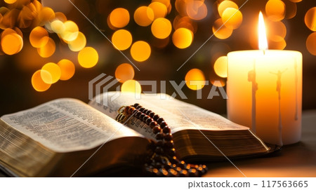 Open Bible with Rosary and Candle. Christianity Religion Concept 117563665