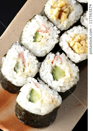 Assorted rolled sushi Assorted rolled sushi 117563874