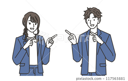 Illustration of a man and woman in office casual outfits pointing to the side 117563881