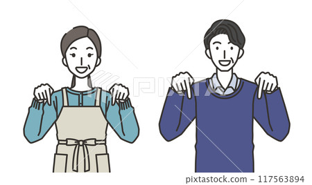 40 多歲或 50 多歲的男人和女人指向下方 40 多歲或 50 多歲的男人和女人指向下方 117563894