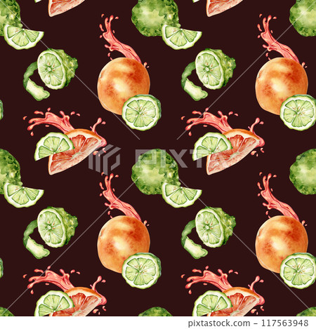Citrus ripe fruits with juicy splash on watercolor seamless pattern isolated on dark. Hand drawn bright summer plants bergamot and grapefruit in botanical sketch style for textile, package products 117563948