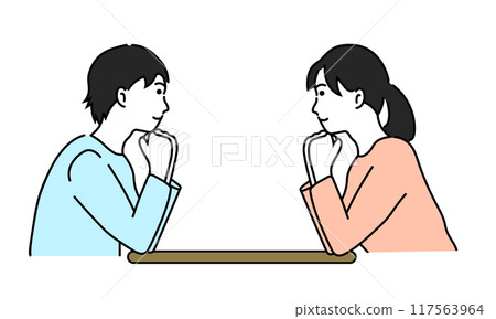 Young man and woman resting their chin on their hands Young man and woman resting their chin on their hands 117563964