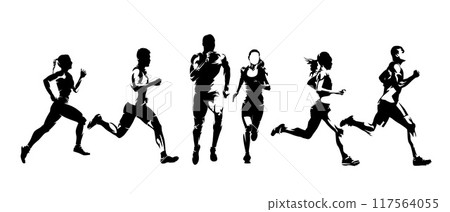 Run, group of running people, men and women. Set of isolated vector silhouettes 117564055