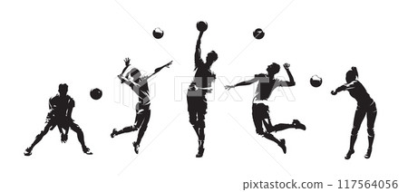 Group of volleyball players, men and women playing volleyball, set of isolated vector silhouettes 117564056