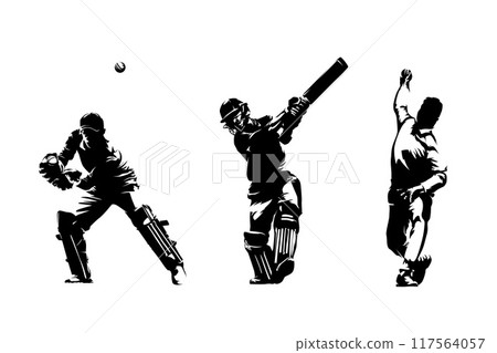 Cricket players, group of batsman, bowler and wicket-keeper in action, isolated vector silhouette 117564057