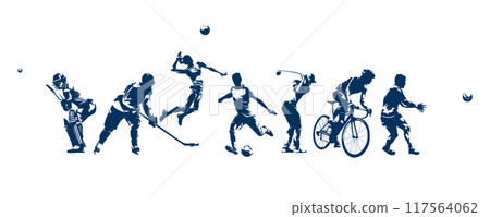 Sports, group of active people, isolated vector silhouettes. Men and women Sports, group of active people, isolated vector silhouettes. Men and women 117564062