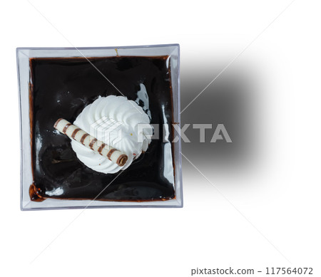 Delicious chocolate cake in a plastic case, white background Delicious chocolate cake in a plastic case, white background 117564072