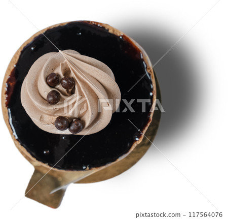Delicious round chocolate cake on a white background 117564076
