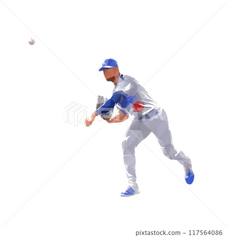 Baseball player throwing ball, isolated geometric low poly vector illustration, front view Baseball player throwing ball, isolated geometric low poly vector illustration, front view 117564086
