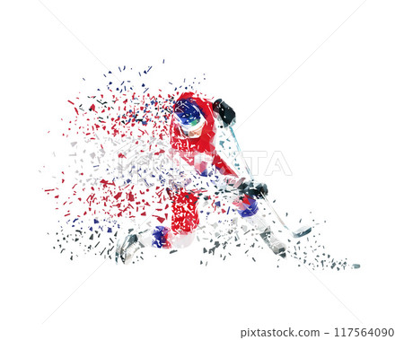 Ice hockey player shooting puck, isolated low poly vector illustration with distortion effect 117564090