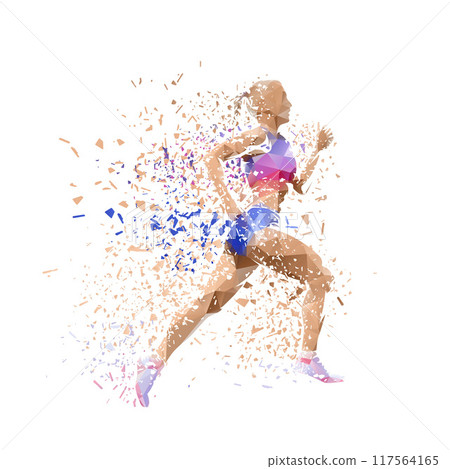 Run, running woman, isolated low poly vector illustration with shatter effect, side view Run, running woman, isolated low poly vector illustration with shatter effect, side view 117564165