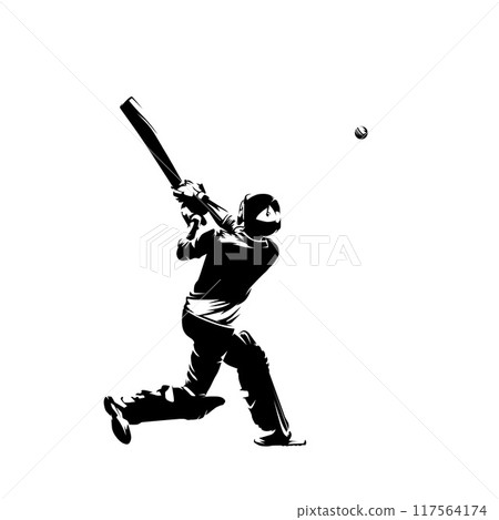 Cricket player, batsman, in action, isolated vector silhouette, side view 117564174