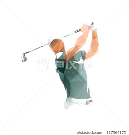 Golf player, geometric low poly isolated vector illustration, golf swing - front view 117564175