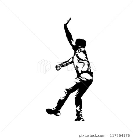 Cricket player, bowler throwing, isolated vector silhouette 117564176