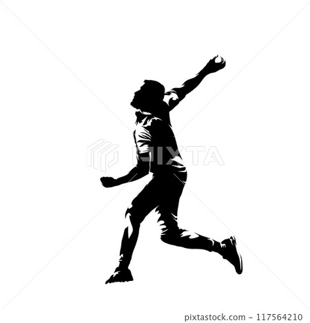 Cricket player, bowler throwing, isolated vector silhouette 117564210