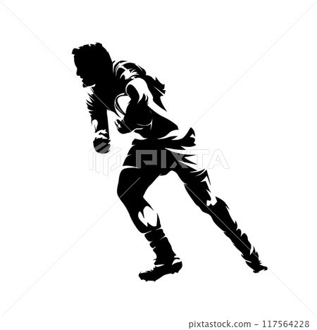Rugby player logo, isolated vector silhouette. Team sport athlete, side view Rugby player logo, isolated vector silhouette. Team sport athlete, side view 117564228