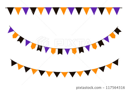 Halloween party garland. Vector pennant isolated on white background. Hanging flags set. Halloween party garland. Vector pennant isolated on white background. Hanging flags set. 117564316