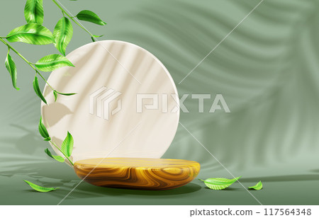 3d wood product podium with leaf and white circle on green wall background. Natural goods display wooden platform in studio room. Cosmetics pedestal mockup, minimal scene with stand. 3D illustration 3d wood product podium with leaf and white circle on green wall background. Natural goods display wooden platform in studio room. Cosmetics pedestal mockup, minimal scene with stand. 3D illustration 117564348