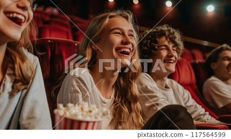 Group of friends enjoying a comical moment in a movie theater. Smiling faces and cheerful expressions. Perfect depiction of fun and laughter. Suitable for leisure and entertainment themes. AI 117564599