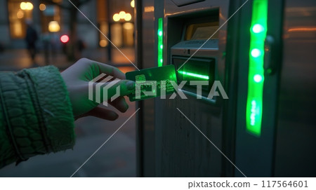 Hand inserting a green bank card into an ATM machine at night. The glow of green lights on the card and machine creates a futuristic vibe. Perfect for banking, finance, and technology concepts. AI 117564601