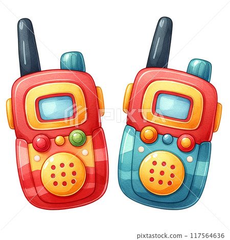 Two cartoonish remote controls with a blue and red stripe Two cartoonish remote controls with a blue and red stripe 117564636