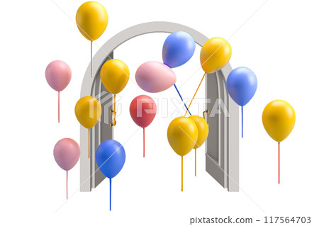 3D render of colorful balloons floating through blue door 117564703