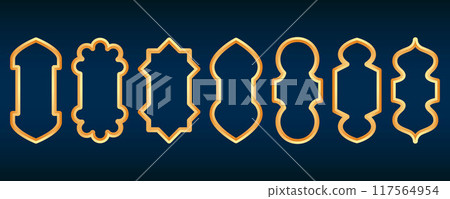 Ramadan golden frame. Islamic window shape. Arabic vector arch. Muslim vintage border for design. Indian decoration in oriental style. 117564954