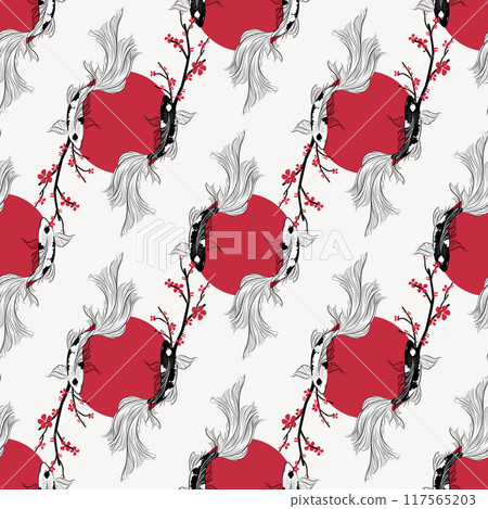 Vector banner with traditional Chinese elements and ornament. Koi carp in white and blue background with peony flowers and sun. fish koi japanese chinese design sketch ink paint style Vector banner with traditional Chinese elements and ornament. Koi carp in white and blue background with peony flowers and sun. fish koi japanese chinese design sketch ink paint style 117565203