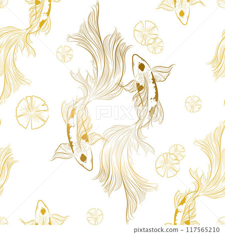 Vector banner with traditional Chinese elements and ornament. Koi carp in white and blue background with peony flowers and sun. fish koi japanese chinese design sketch ink paint style 117565210