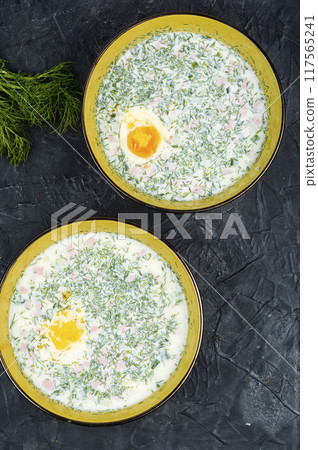 Seasonal summer soup okroshka. 117565241