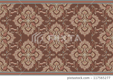 Vintage Arabic pattern. Persian colored carpet. Rich ornament for fabric design, handmade, interior decoration, textiles. Sepia background. Ikat style. 117565277