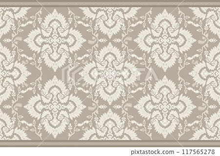 Vintage Arabic pattern. Persian colored carpet. Rich ornament for fabric design, handmade, interior decoration, textiles. Sepia background. Ikat style. 117565278