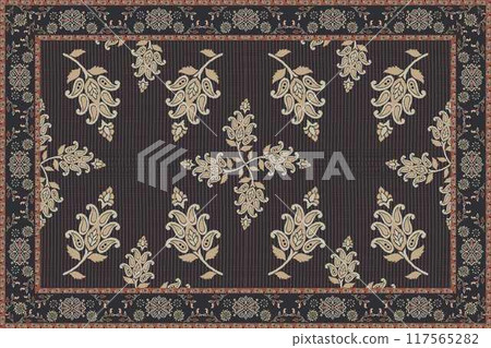 Vintage Arabic pattern. Persian colored carpet. Rich ornament for fabric design, handmade, interior decoration, textiles. Sepia background. Ikat style. 117565282